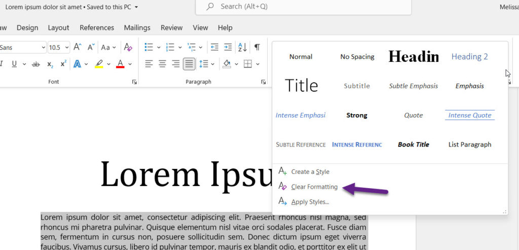 Remove formatting in word valusource support